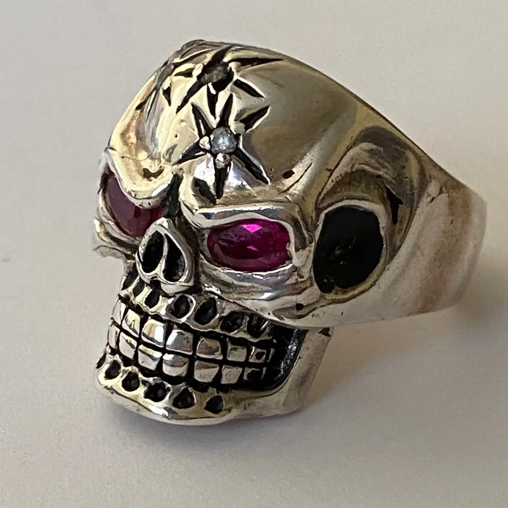 925 Silver stars skull bike biker ring cz stone